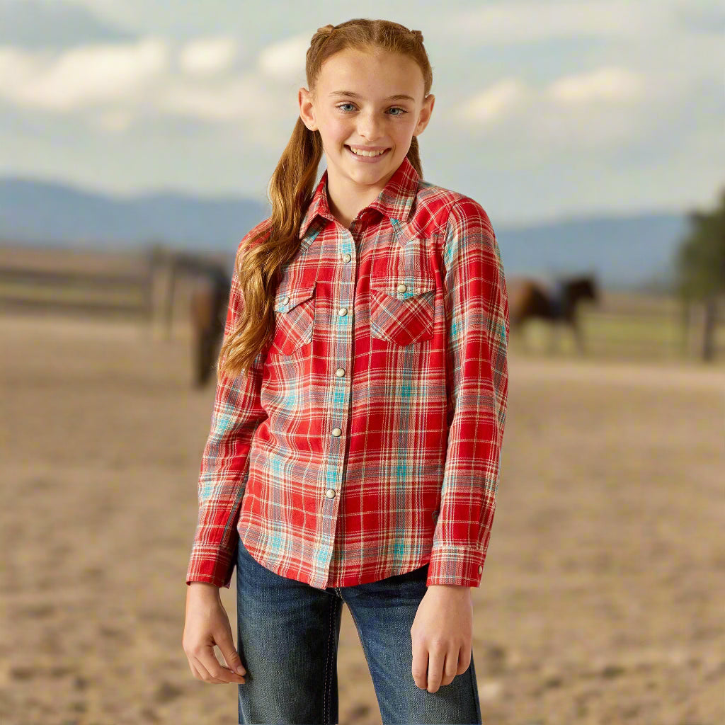 Ariat Girls Barn Plaid Snap Long Sleeved Western Shirt