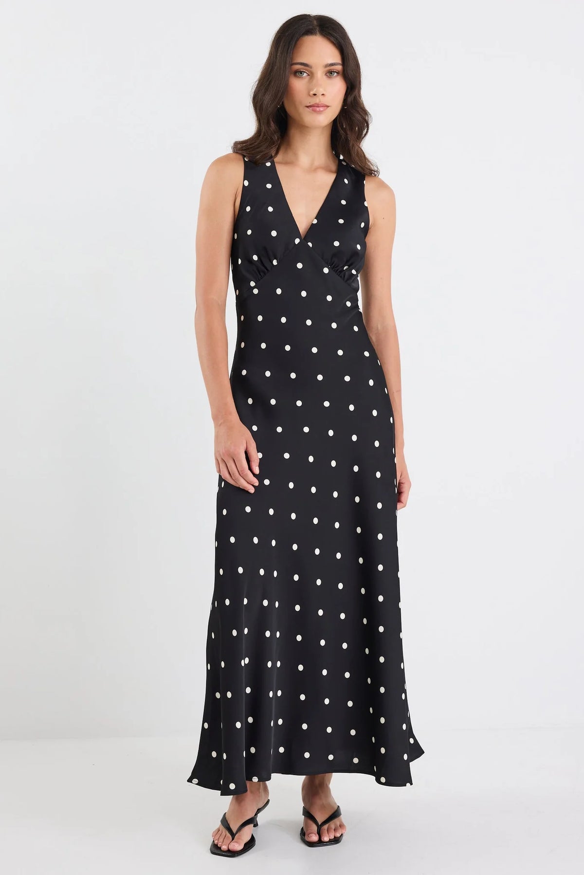 Stories Be Told Aston Black Large Polka Dot Satin Bias Flared Maxi Dress