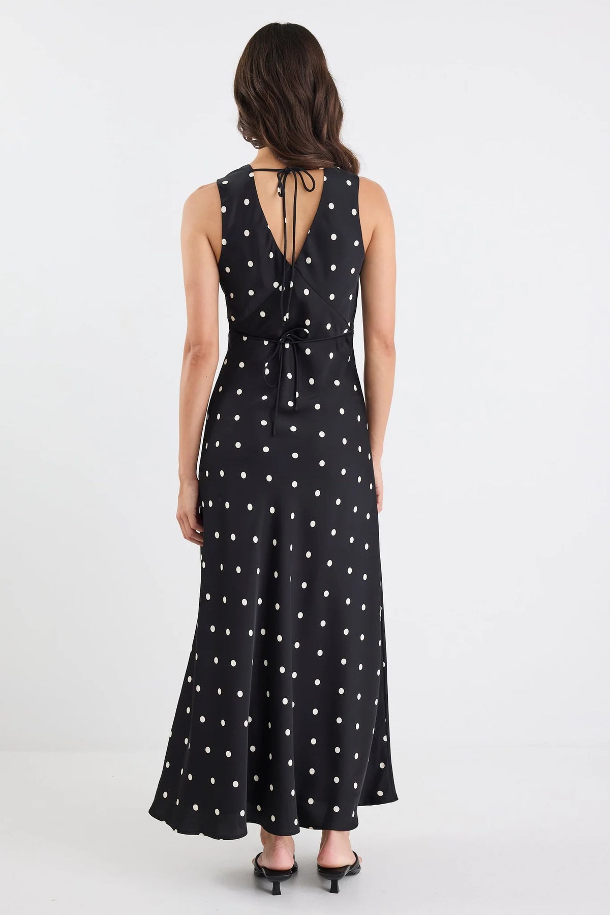 Stories Be Told Aston Black Large Polka Dot Satin Bias Flared Maxi Dress