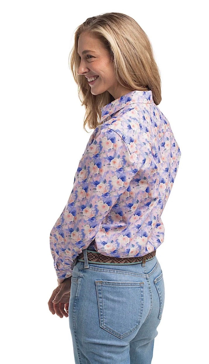 Just Country Women's Georgie Half Button Print Work Shirt - Blue & Baby Pink Watercolour Roses