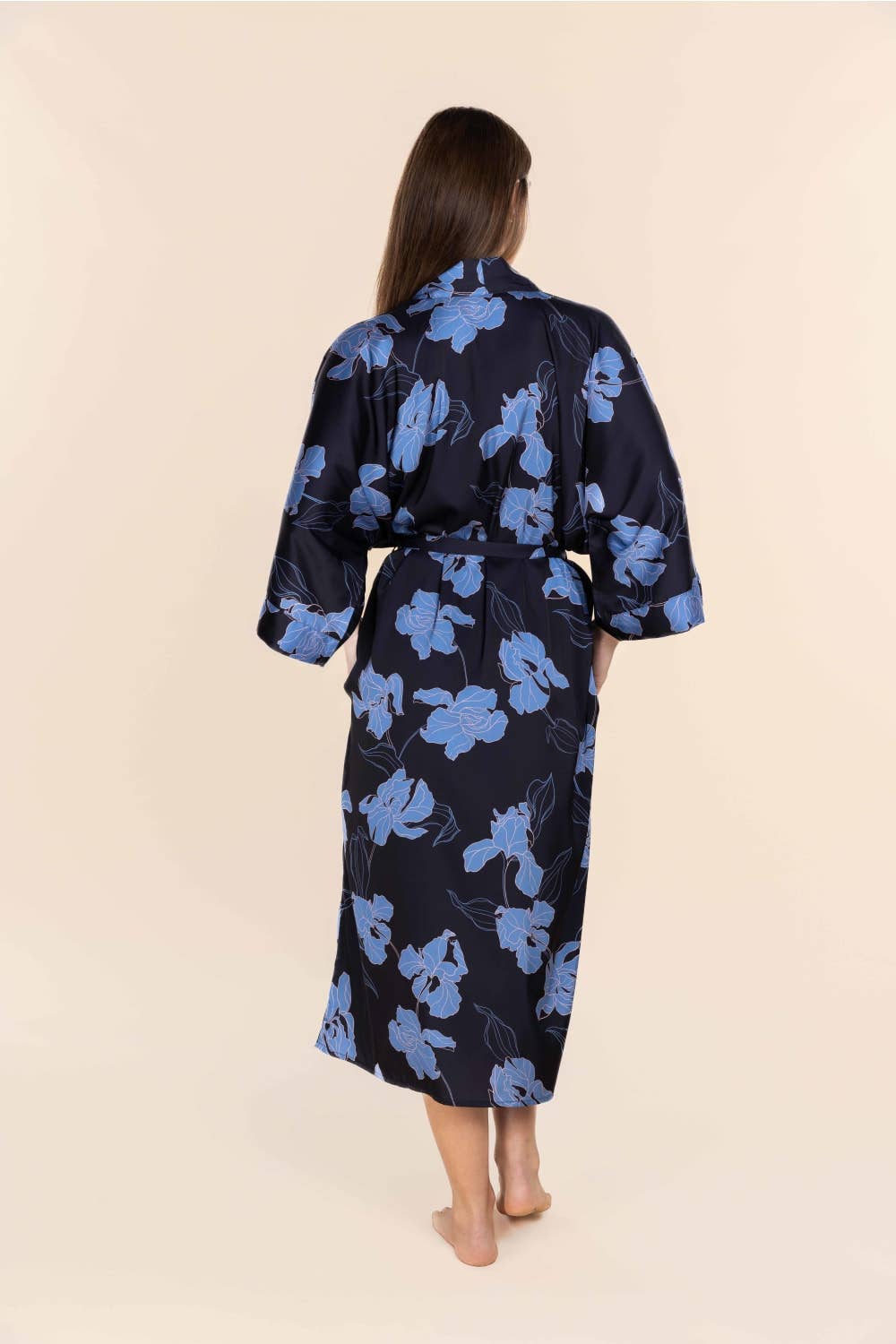 Gingerlilly Recycled Silky Satin Long Robe - Daisy Navy Floral Print