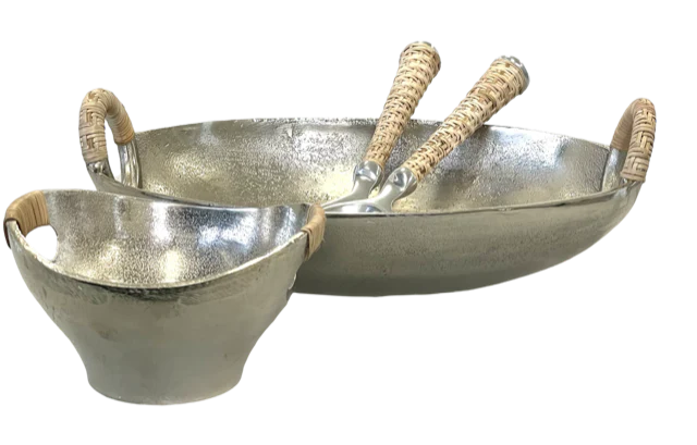 Flair Gifts & Home Oval Aluminium Bowl With Rattan Handles - 35x23x12CM