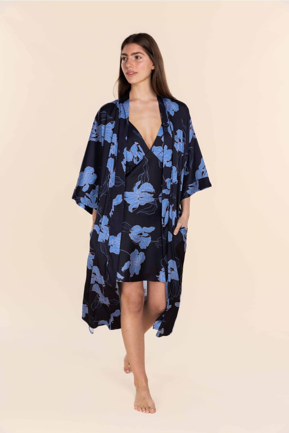 Gingerlilly Recycled Silky Satin Long Robe - Daisy Navy Floral Print