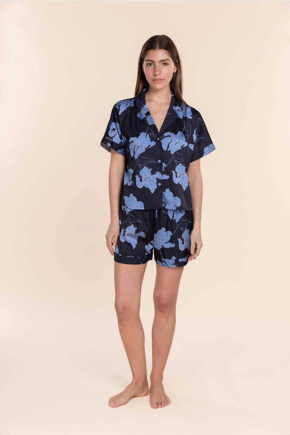 Gingerlilly Recycled Satin Short Pyjama Set - Freya Navy Floral Print