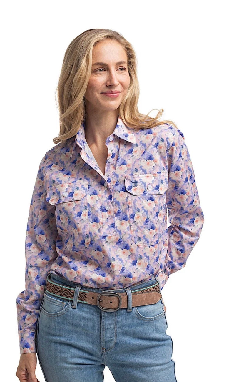 Just Country Women's Georgie Half Button Print Work Shirt - Blue & Baby Pink Watercolour Roses