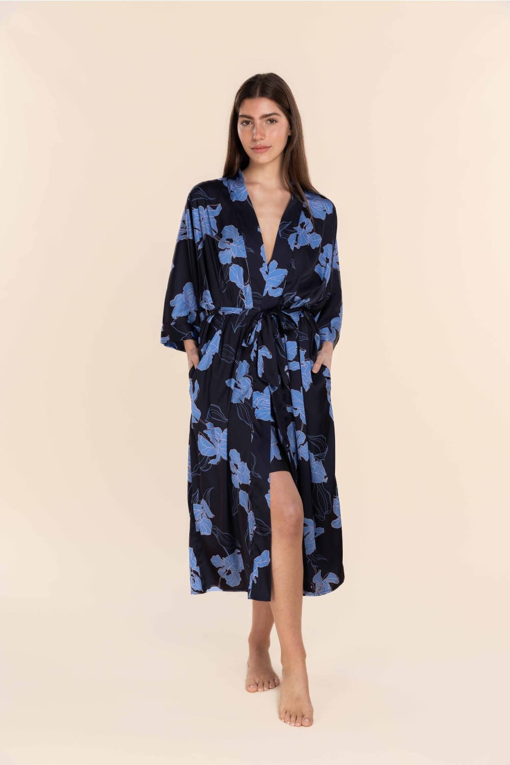 Gingerlilly Recycled Silky Satin Long Robe - Daisy Navy Floral Print