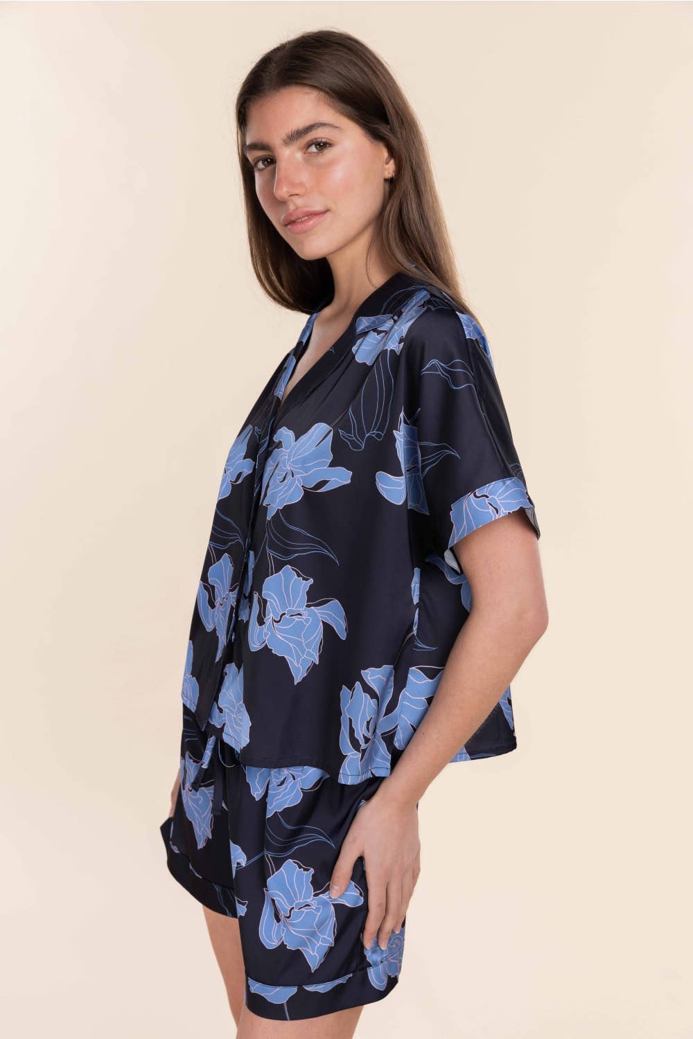 Gingerlilly Recycled Satin Short Pyjama Set - Freya Navy Floral Print