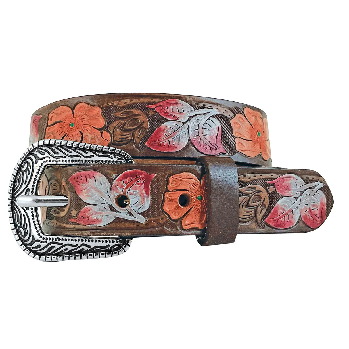 Roper Girl's Genuine Buffalo Leather Belt - Hand Painted Floral Embossed Brown