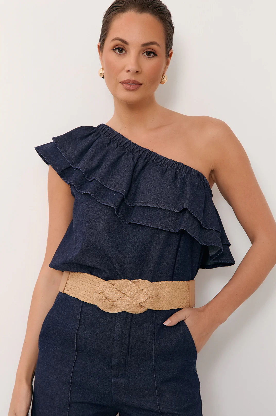 Adorne Ladies Knot Front Weave Stretch Belt - Natural