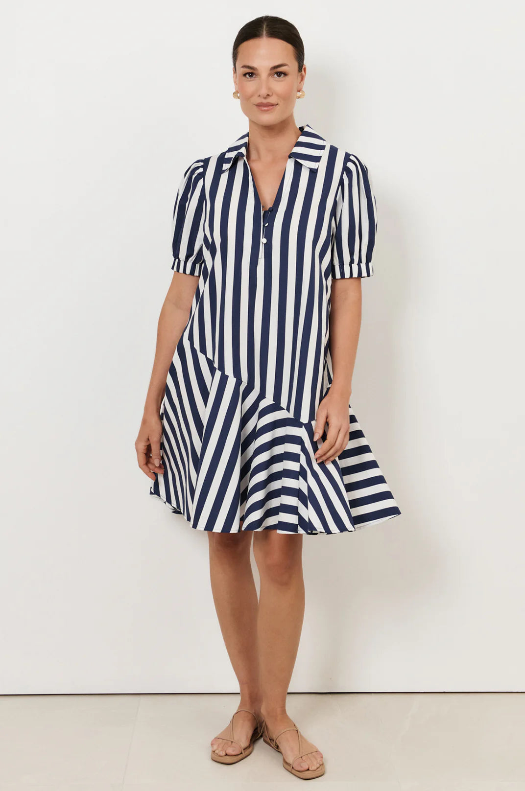 Adorne Ladies Bee Asymmetric Drop Waist Short Dress - Stripe