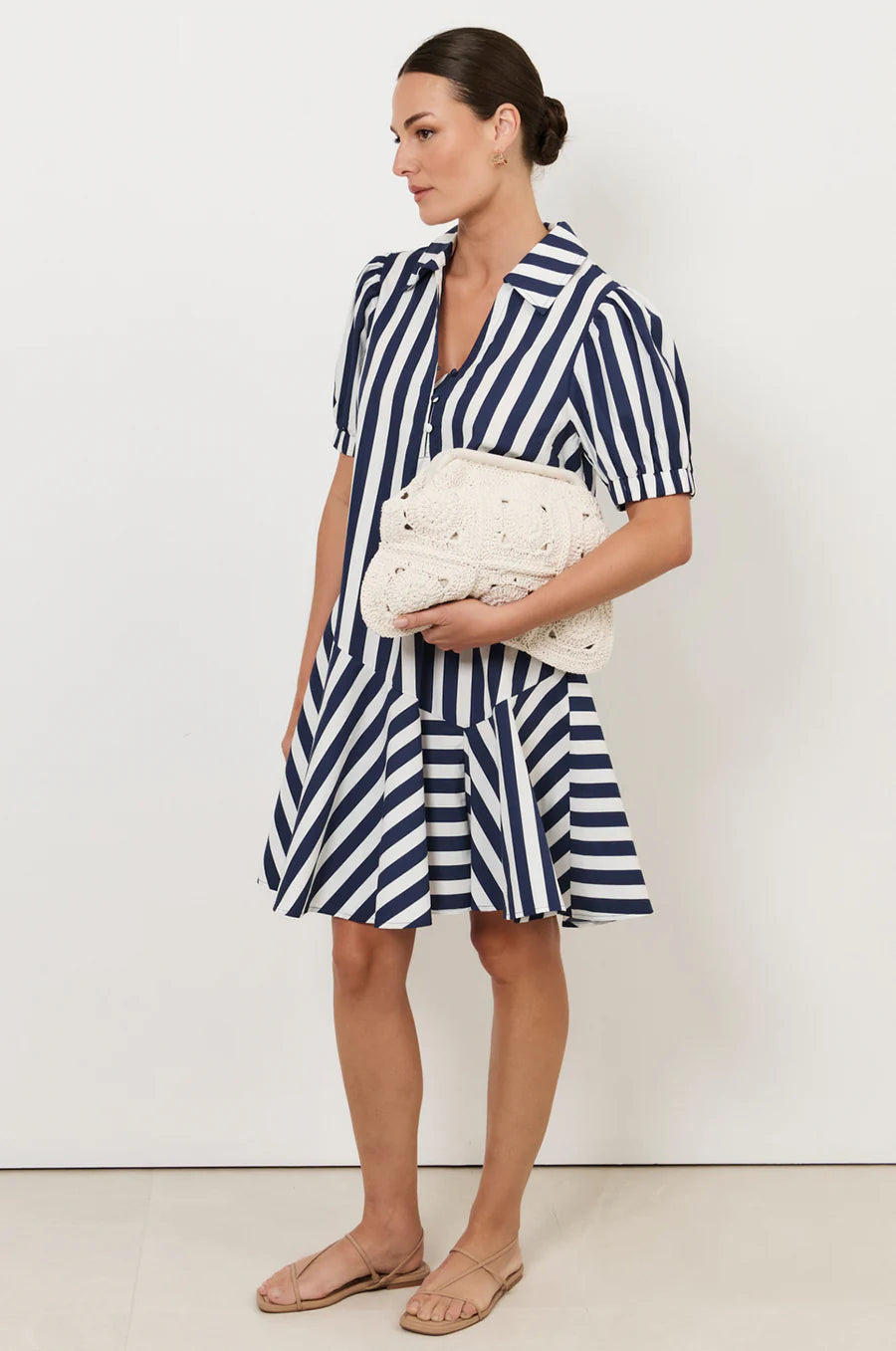 Adorne Ladies Bee Asymmetric Drop Waist Short Dress - Stripe