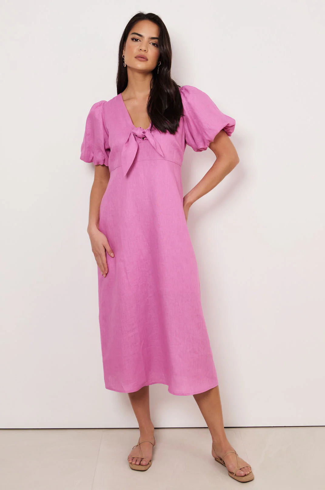 Adorne Ladies Marissa Tie Detail Linen Dress - Pink