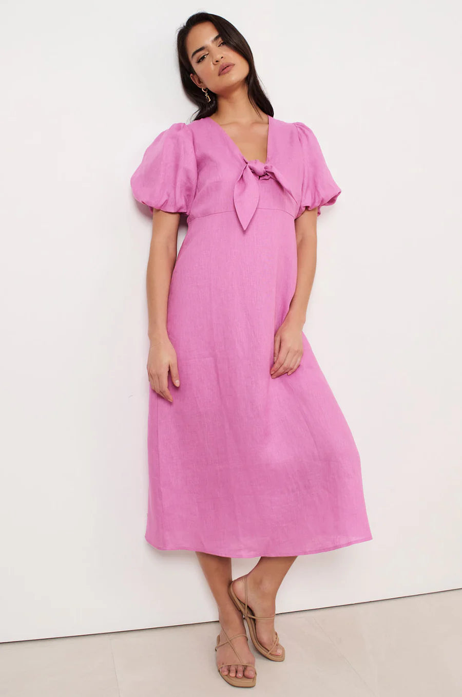 Adorne Ladies Marissa Tie Detail Linen Dress - Pink