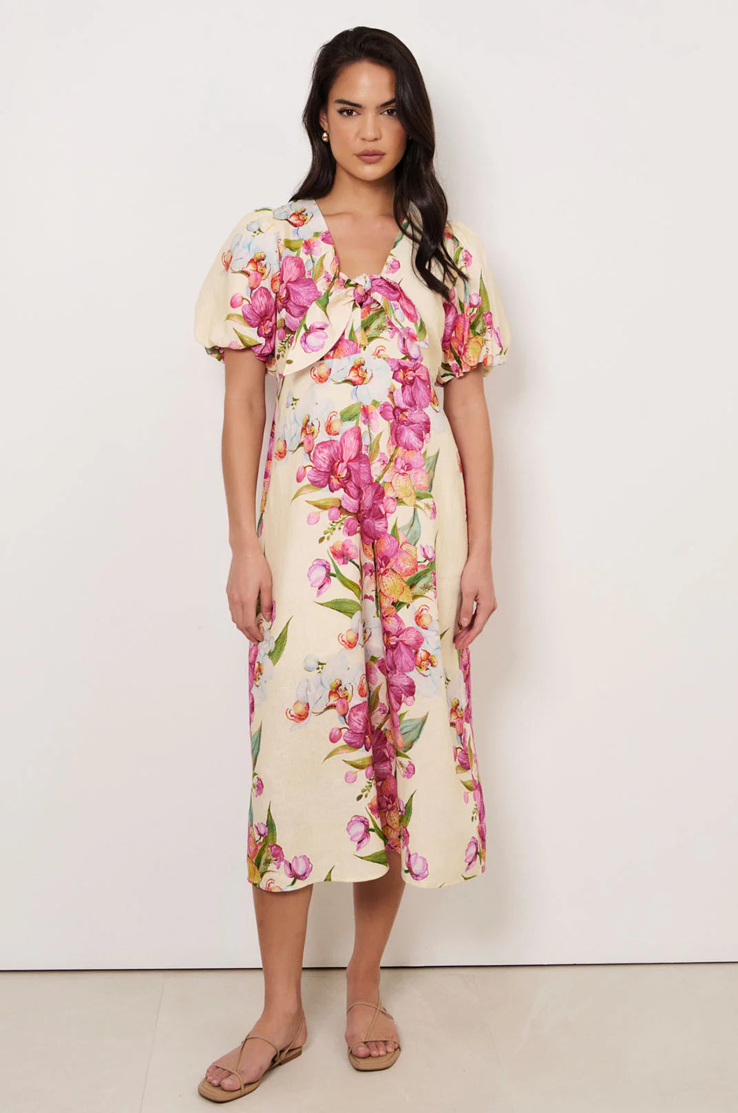 Adorne Ladies Marissa Tie Detail Linen Dress - Print