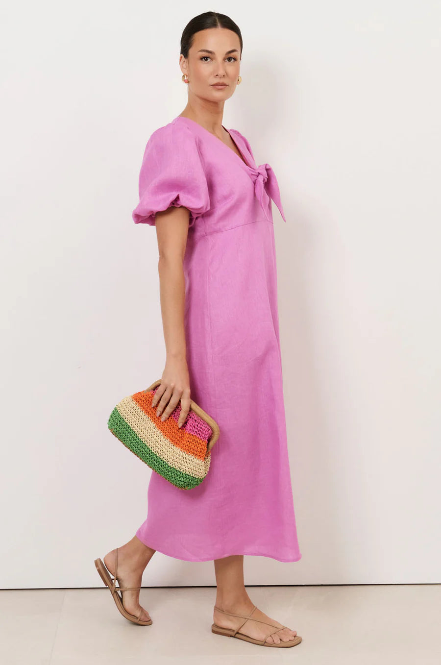 Adorne Ladies Marissa Tie Detail Linen Dress - Pink