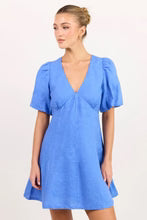 Among The Brave Adelaide Blue Linen Puff Sleeve Panelled Midi Dress