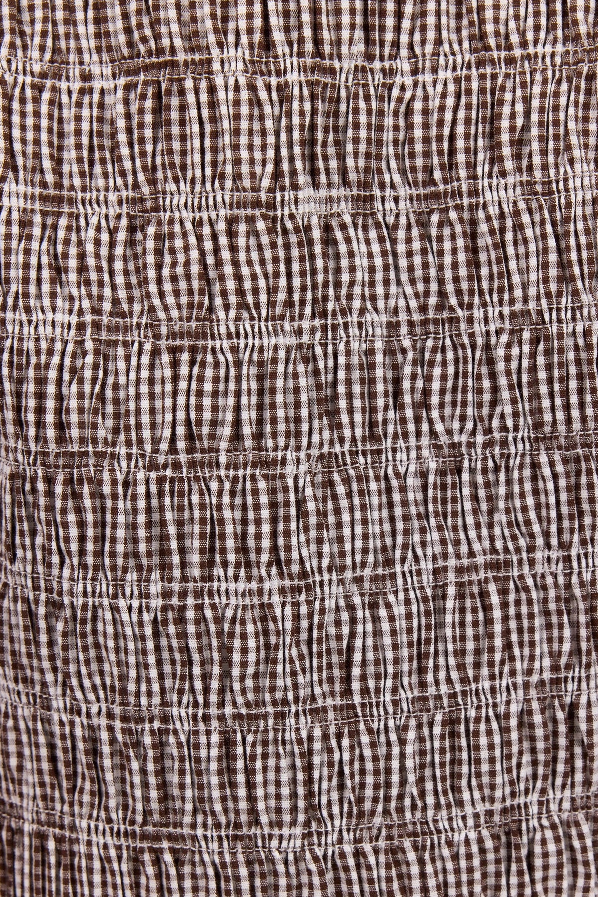 Stories Be Told Artifact Chocolate Mini Gingham Shirred Bubble Sleeve Top