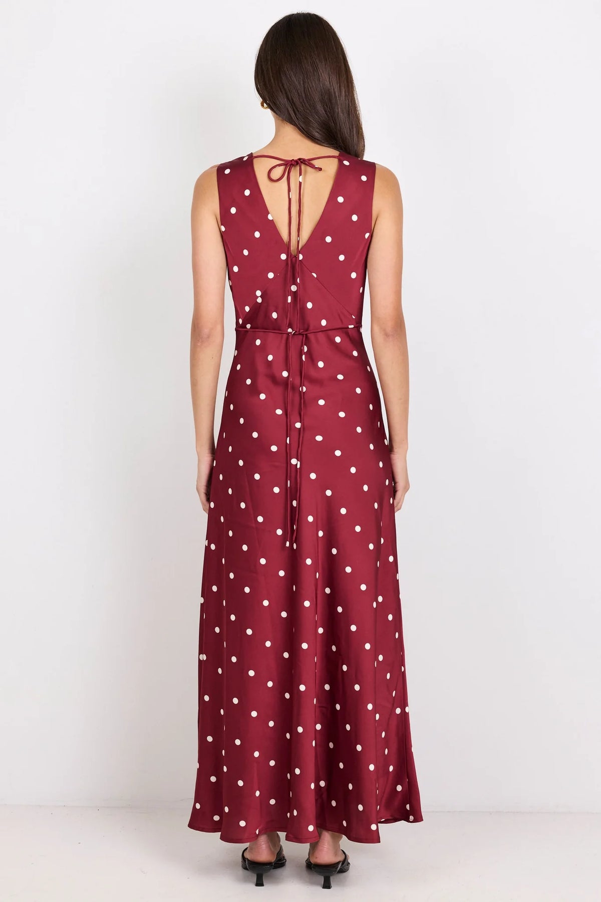 Stories Be Told Aston Black Large Polka Dot Satin Bias Flared Maxi Dress