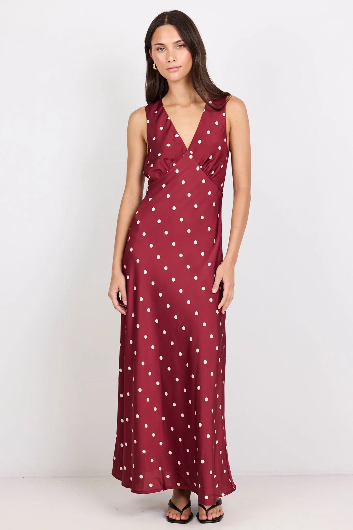 Stories Be Told Aston Black Large Polka Dot Satin Bias Flared Maxi Dress