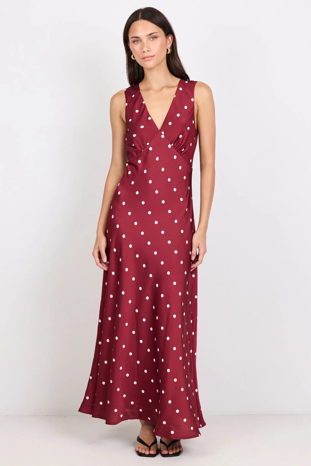 Stories Be Told Aston Black Large Polka Dot Satin Bias Flared Maxi Dress