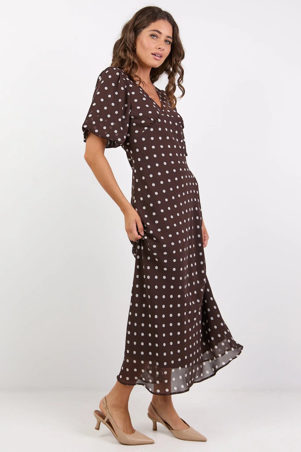 Among The Brave Aura Chocolate Polka Dot Puff Short Sleeve Bias Midi Dress