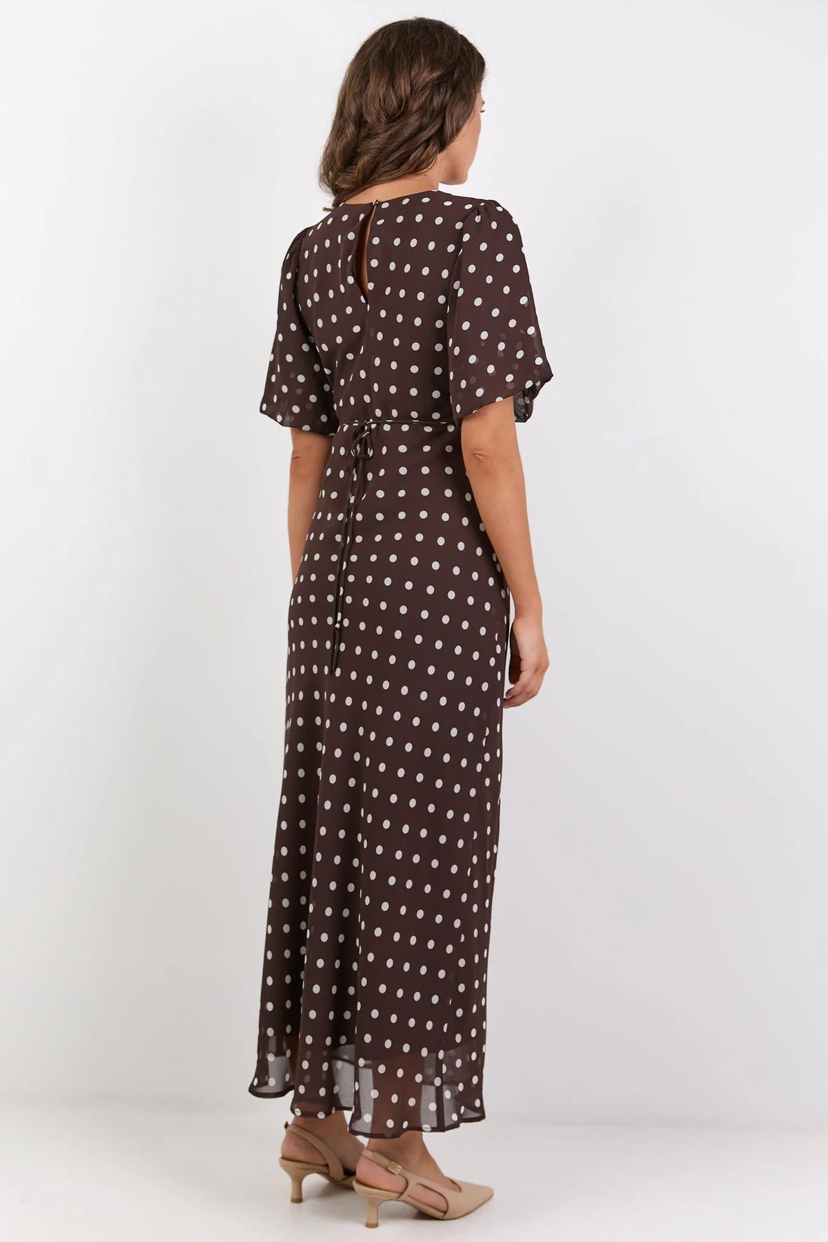 Among The Brave Aura Chocolate Polka Dot Puff Short Sleeve Bias Midi Dress