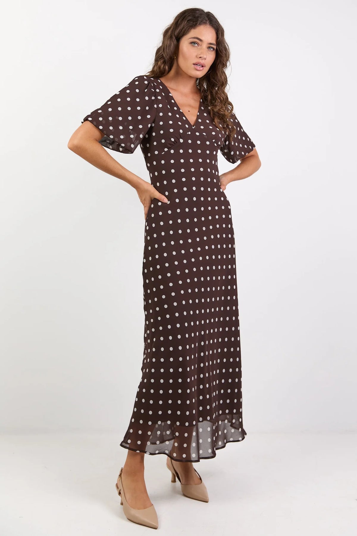 Among The Brave Aura Chocolate Polka Dot Puff Short Sleeve Bias Midi Dress