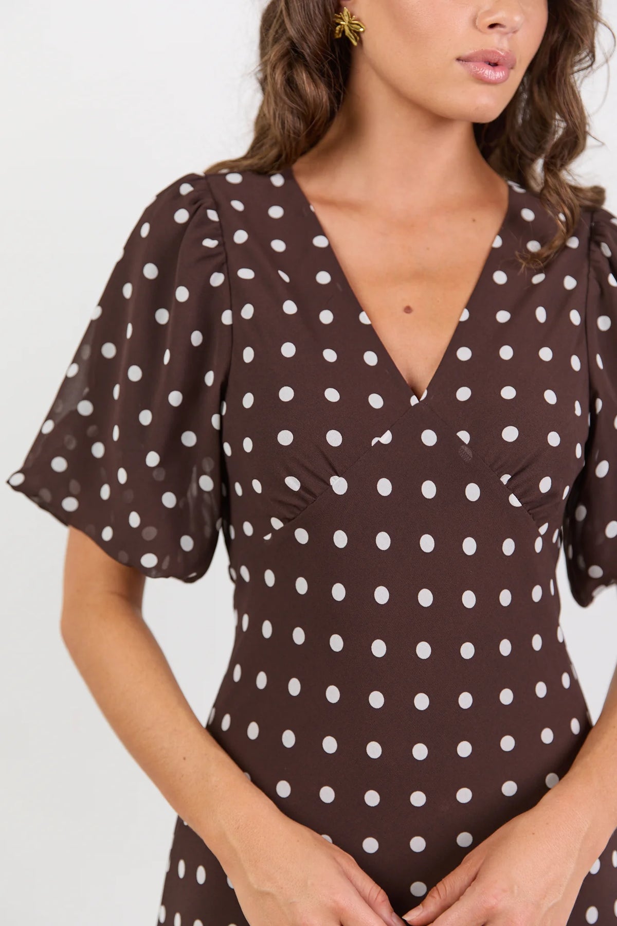 Among The Brave Aura Chocolate Polka Dot Puff Short Sleeve Bias Midi Dress