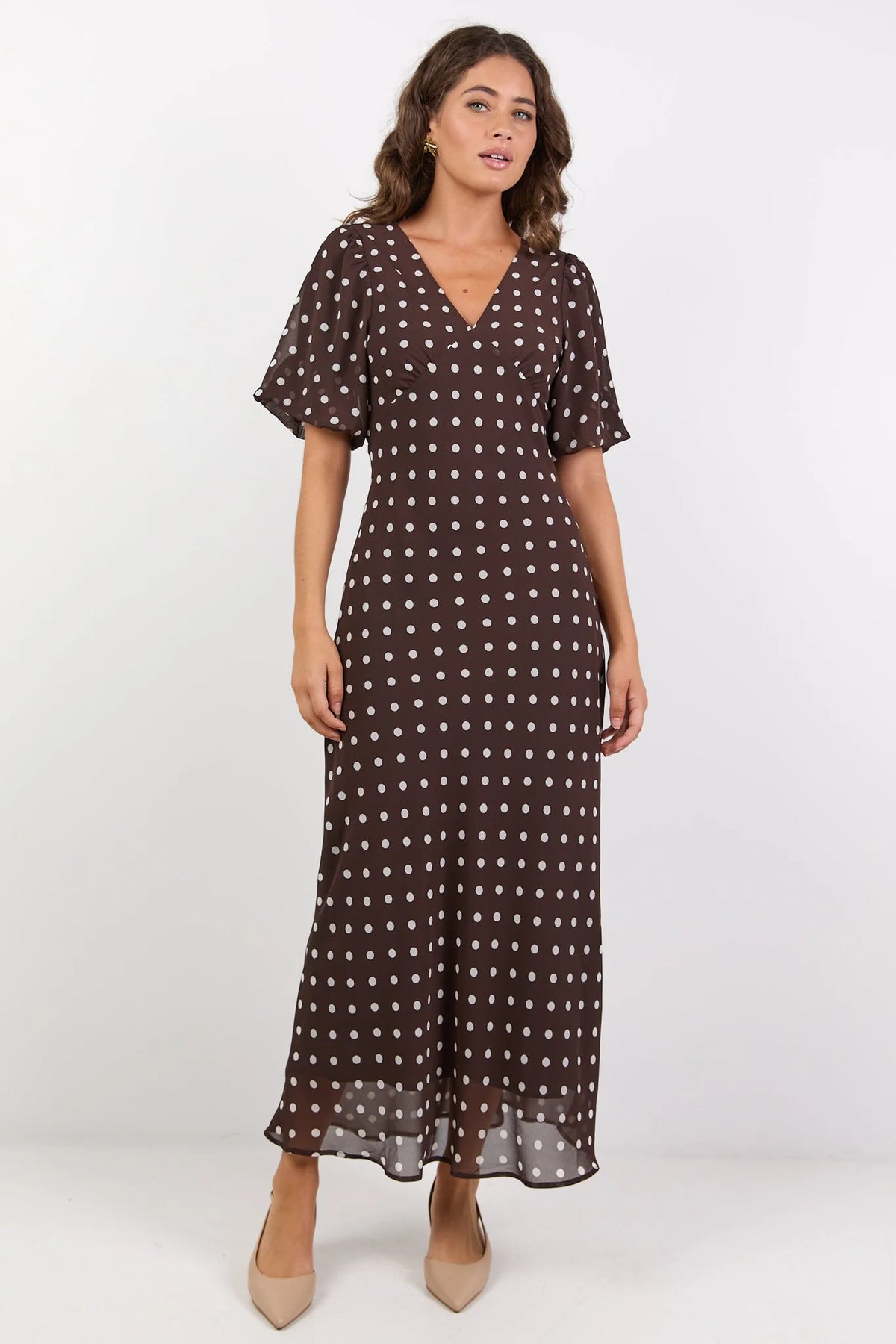 Among The Brave Aura Chocolate Polka Dot Puff Short Sleeve Bias Midi Dress