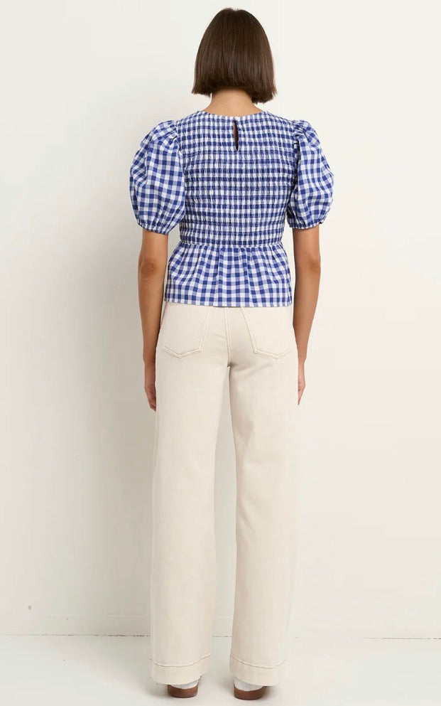 Among The Brave Requite Blue Gingham Shirred Body SS Top