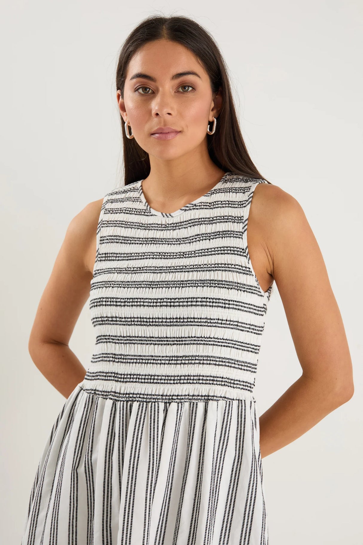 Bryar Ivory Black Stgripe Cotton Sleeveless Shirred Bodice Midi Dress
