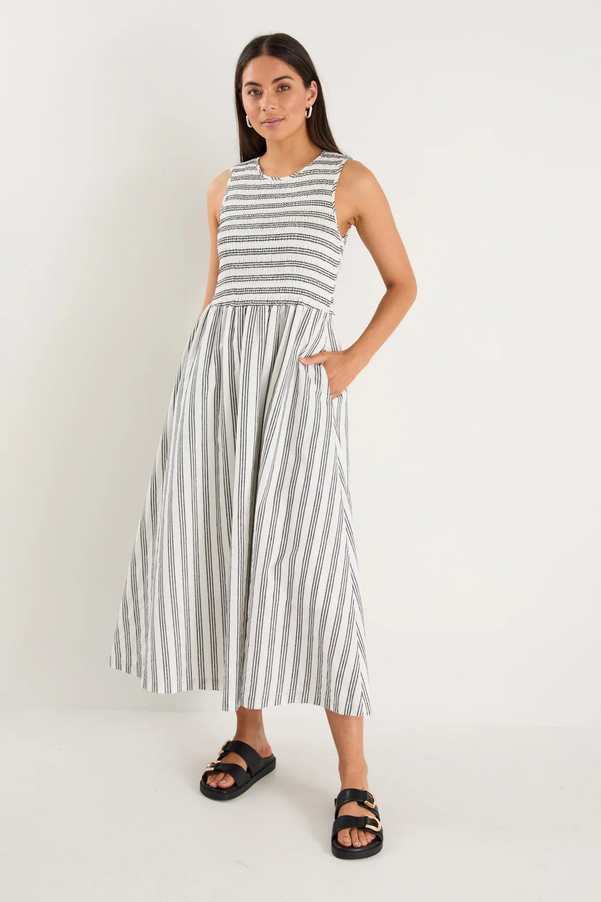 Bryar Ivory Black Stgripe Cotton Sleeveless Shirred Bodice Midi Dress