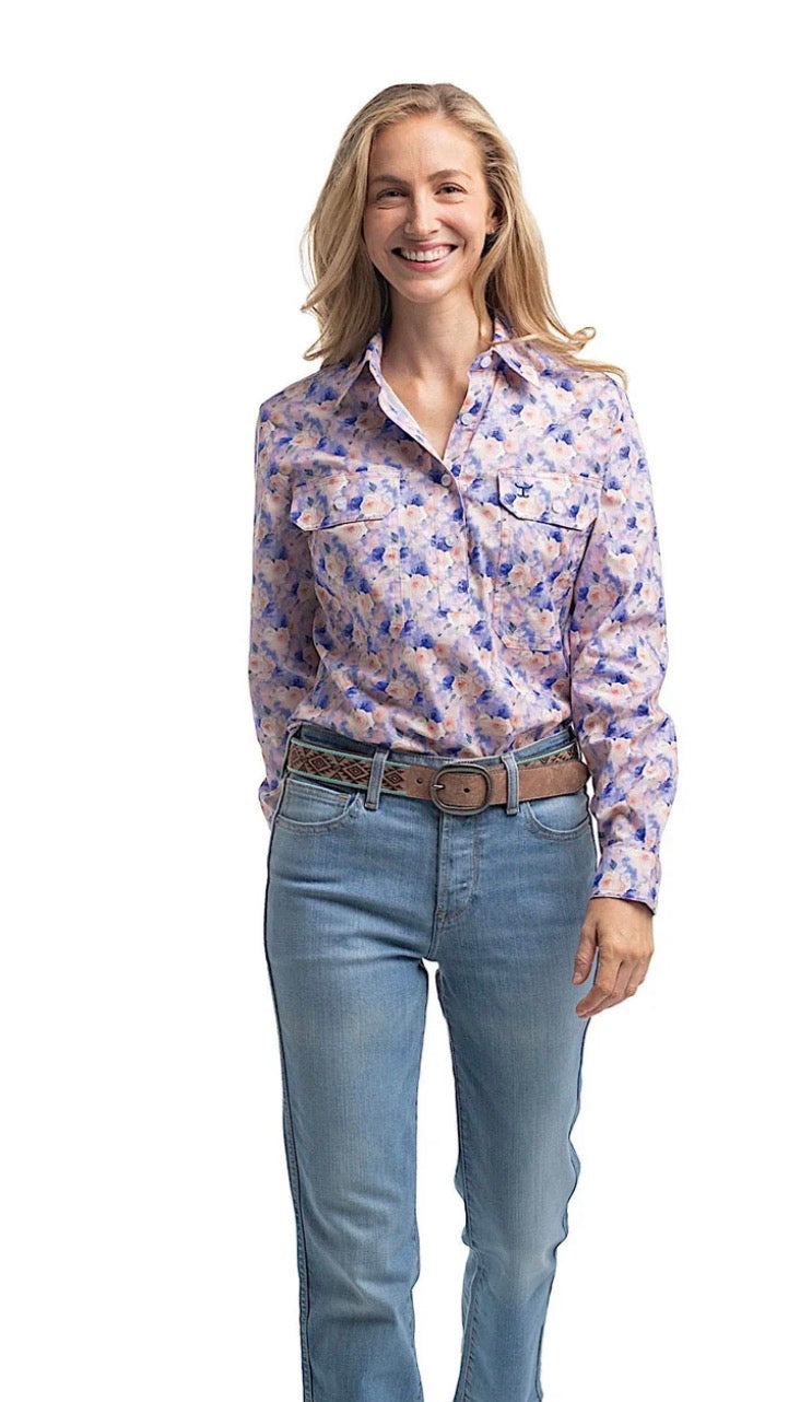 Just Country Women's Georgie Half Button Print Work Shirt - Blue & Baby Pink Watercolour Roses