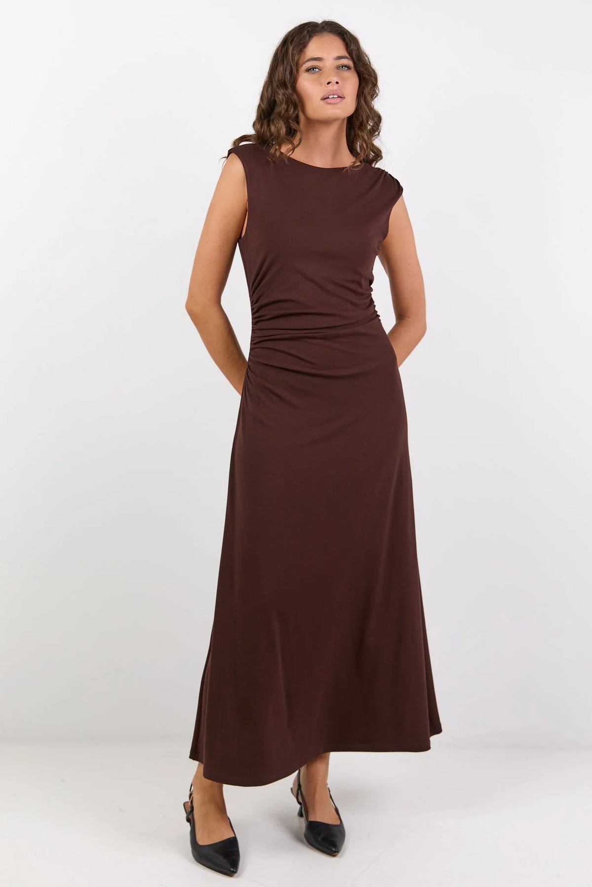 Georgia Zoe Envelope Chocolate Sleeveless Knit Maxi Dress