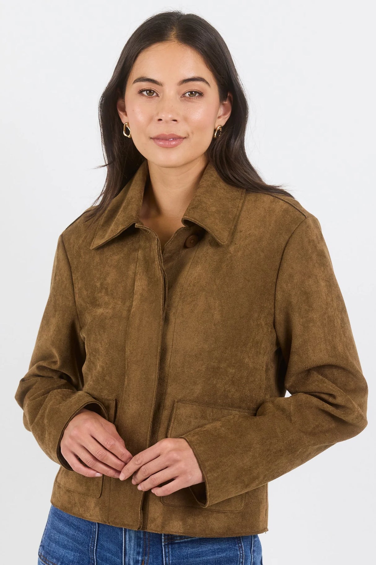 Among the Brave Exhibit Cinnamon Mock Suede Button Front Cropped Jacket