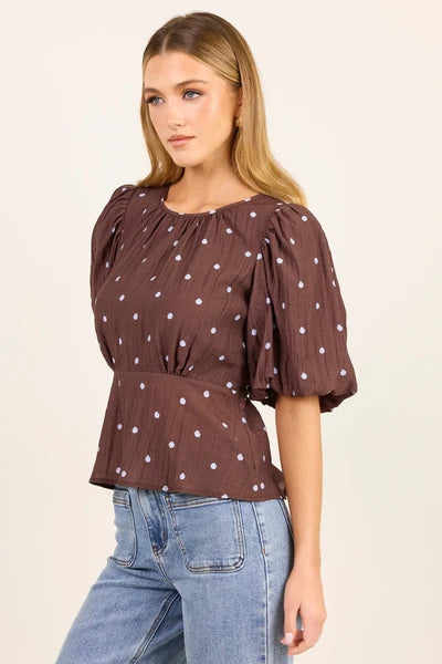 Stories Be Told Finali Mocha Blue Polka Dot Short Bubble Sleeve Top