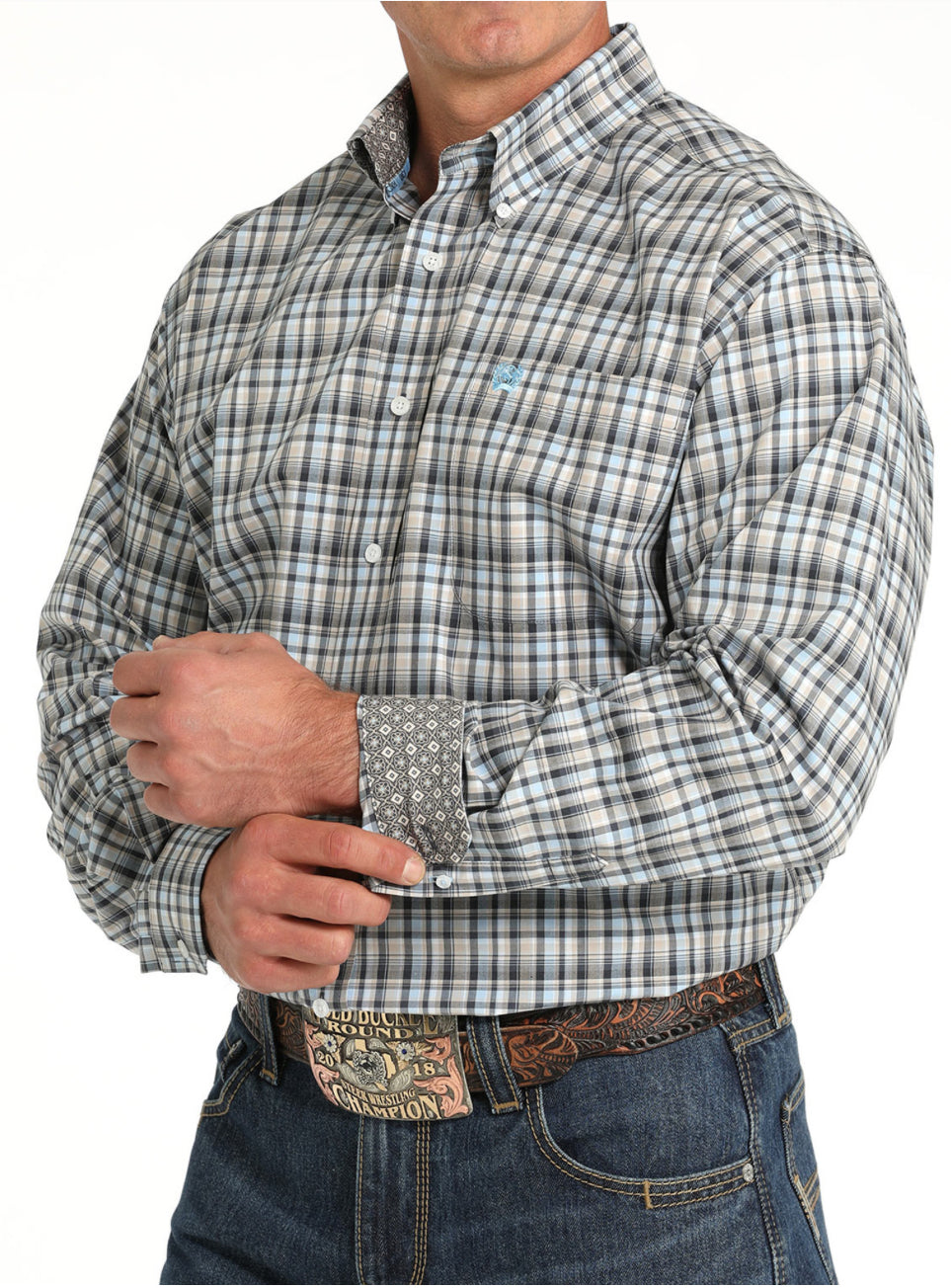 Cinch Mens Classic Fit Light Blue Plaid Shirt MTW1105800