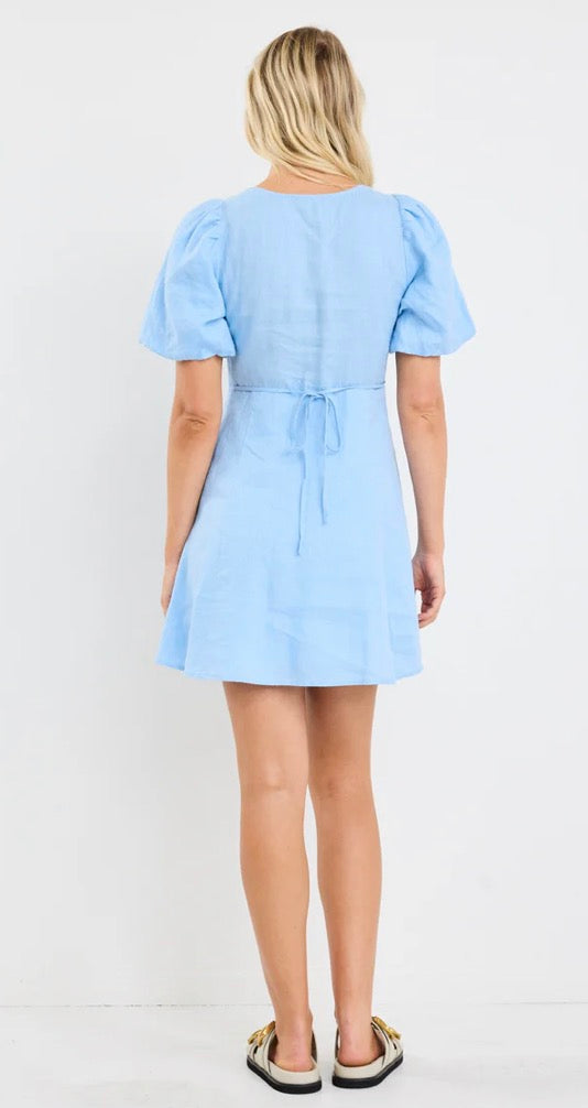 Adelaide Sky Blue Linen Panelled Mini Dress