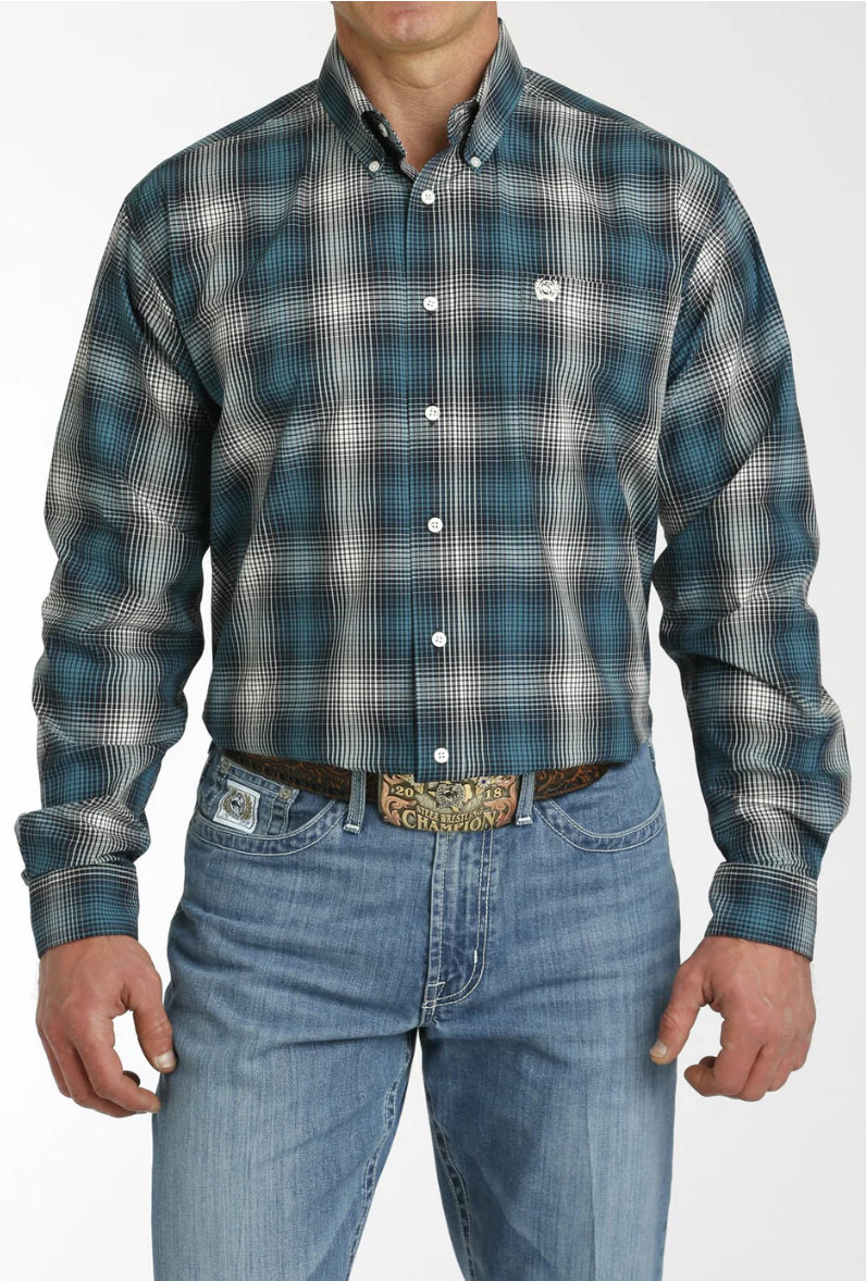 Cinch Mens Western Shirt - Teal, Navy & White Plaid MTW1105775