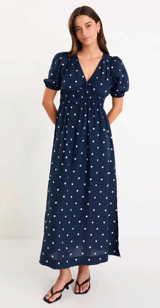 Eloquent Navy Polka Dot Flutter Sleeve Maxi Dress