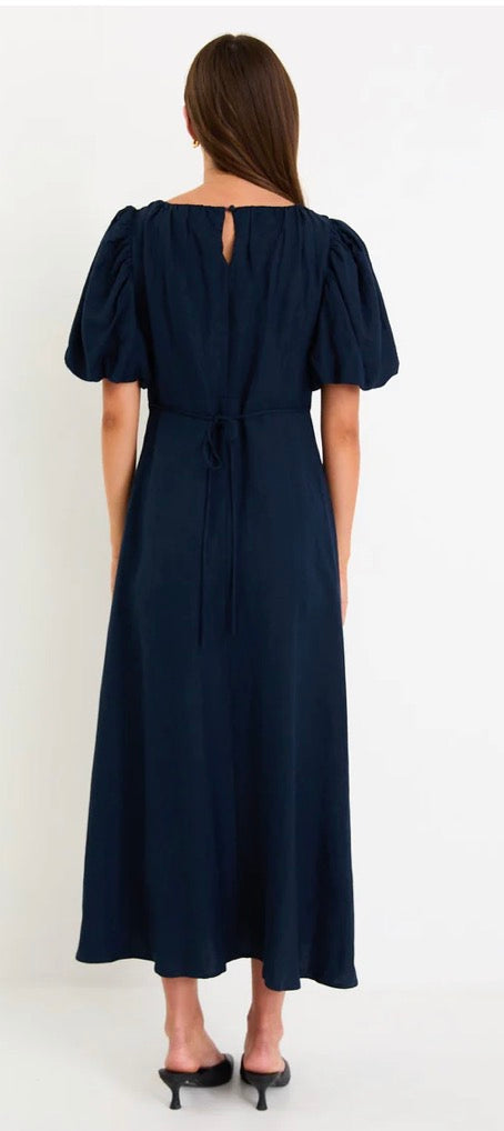Chorus Navy Puffy Sleeve Scoop NeckFloaty Maxi Dress in Navy