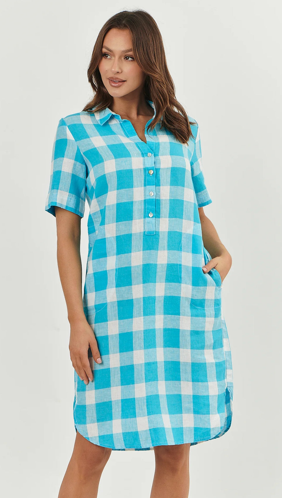 Enveloppe Linen Shirt Dress in Madras Turquoise