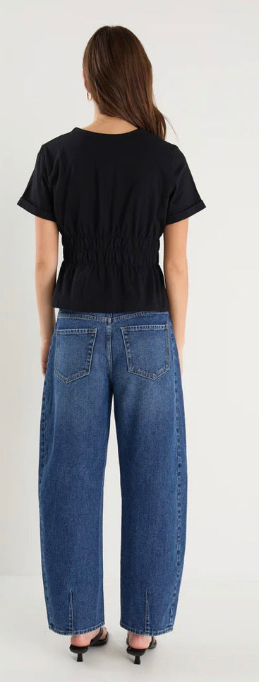 Svelte Black Shirred Detail SS Tee