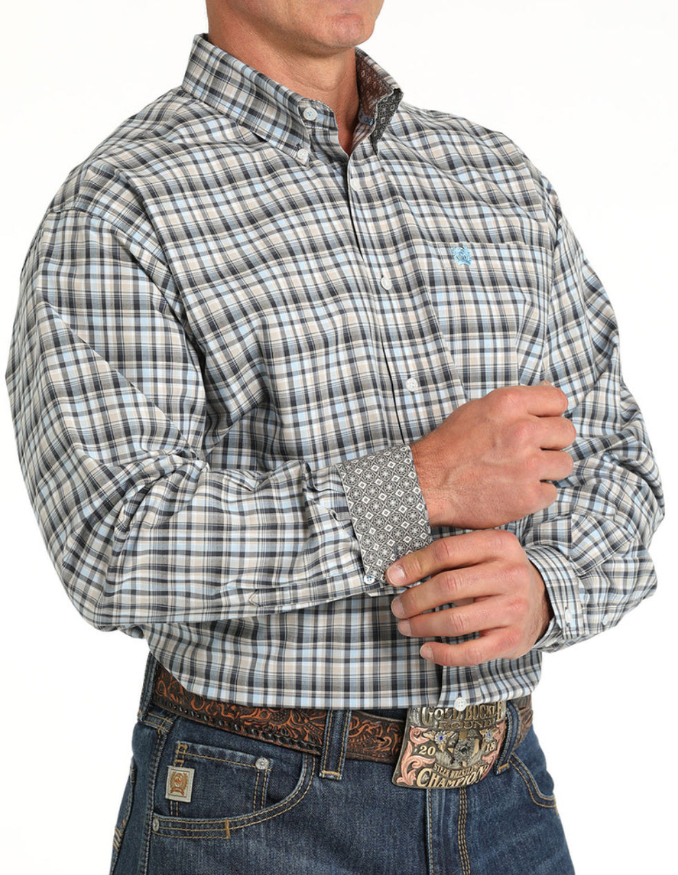 Cinch Mens Classic Fit Light Blue Plaid Shirt MTW1105800