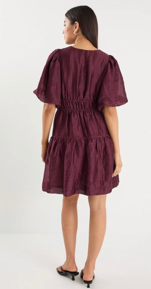 Axel Burgundy Plum Sleeve V Neck Mini Dress