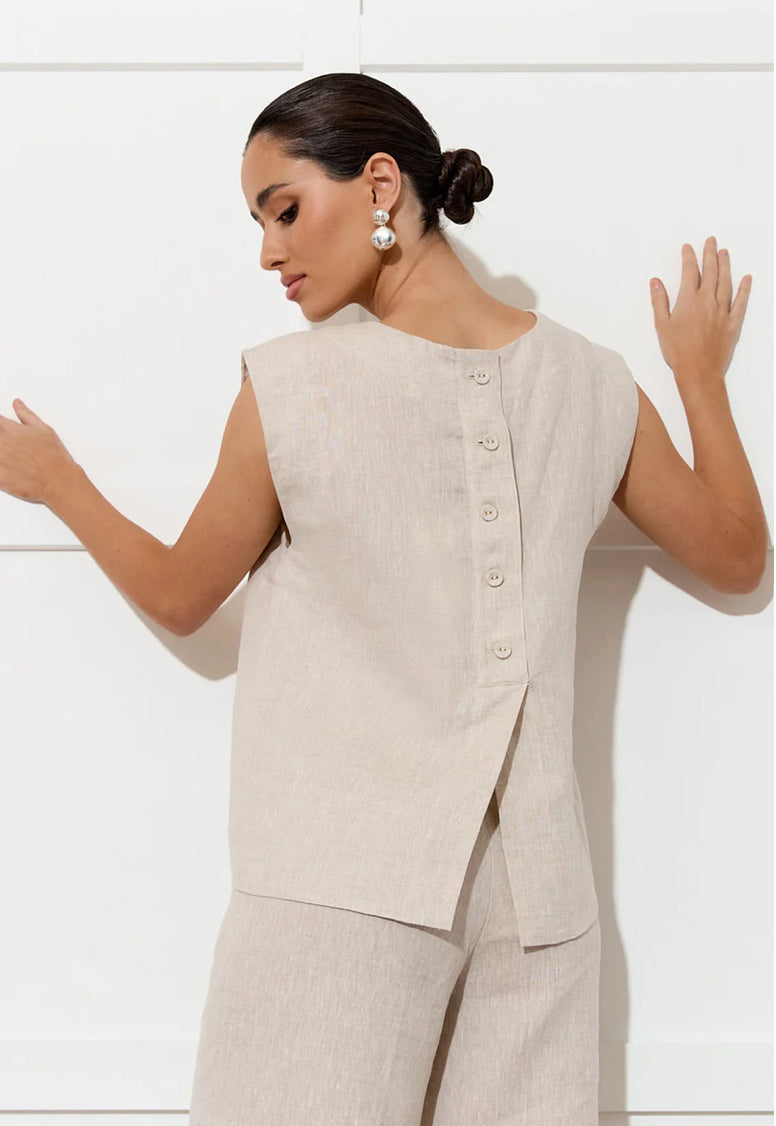 Adorne Ladies Kita Linen Button Back Top in 3 Colours