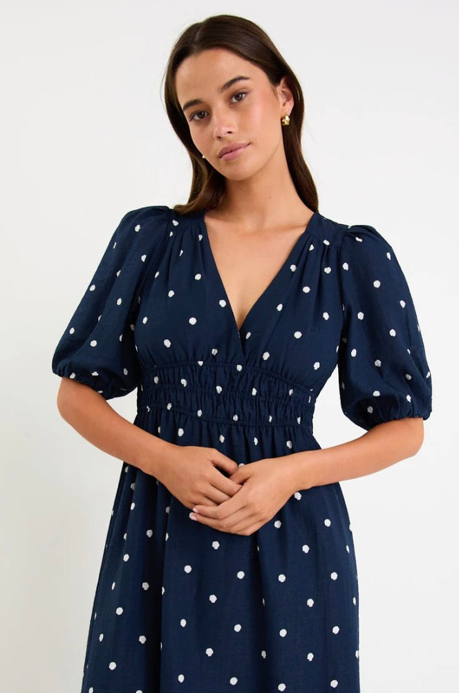 Eloquent Navy Polka Dot Flutter Sleeve Maxi Dress
