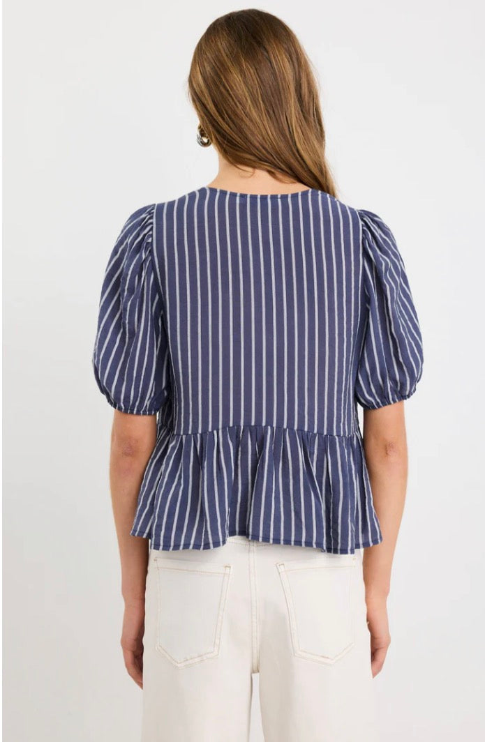 Stories to be told Navy stripe tie front Peplum SS Top