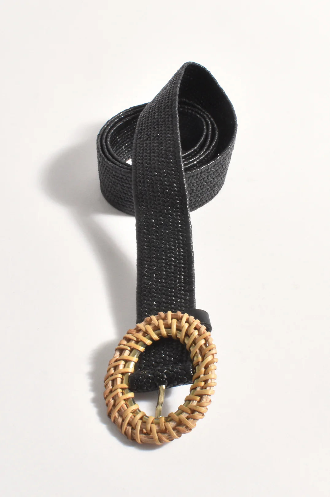 Adorne Thin Rattan Buckle Stretch Belt - Black