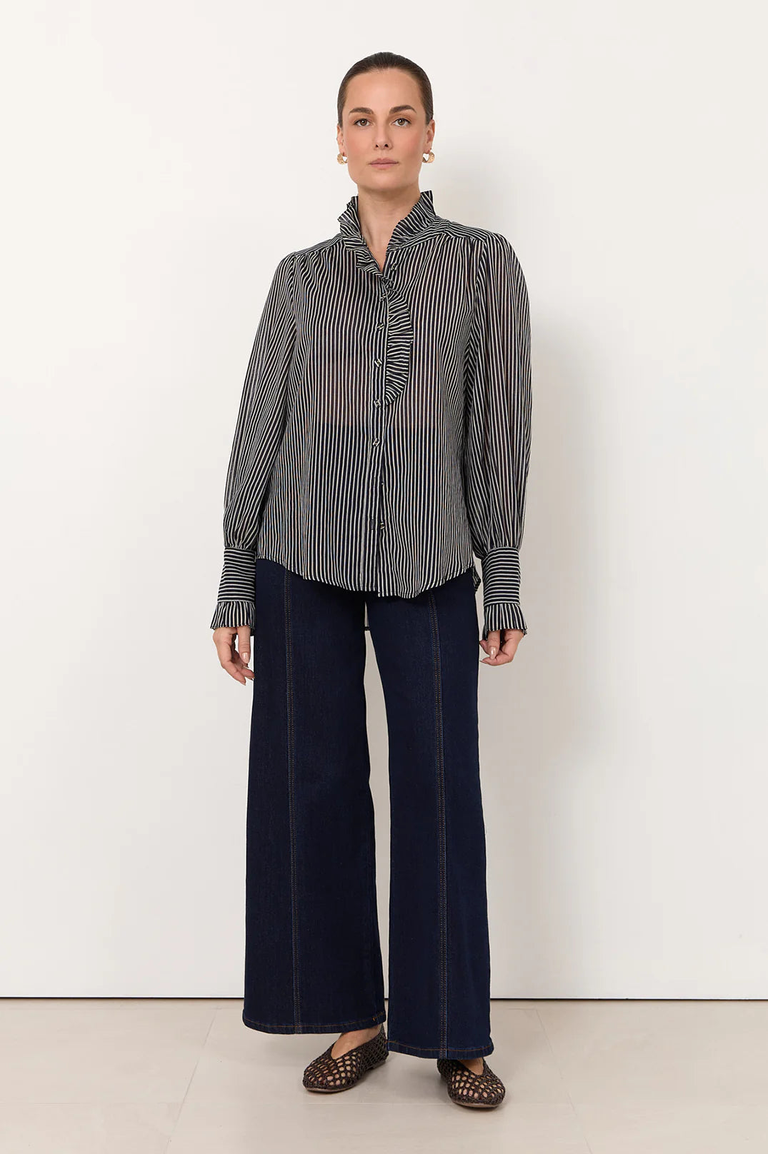 Adorne Ladies Maeve Stripe Shirt in Navy Or Chocolate